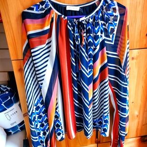 Ramy Brook Black & Brown Striped Long Sleeve Blouse Size Large